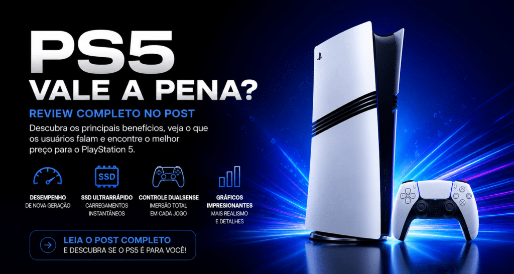 Banner promocional do PS5 com destaque para seus principais benefícios, como SSD ultrarrápido, desempenho de nova geração, controle DualSense e review completo sobre se o PS5 vale a pena comprar.