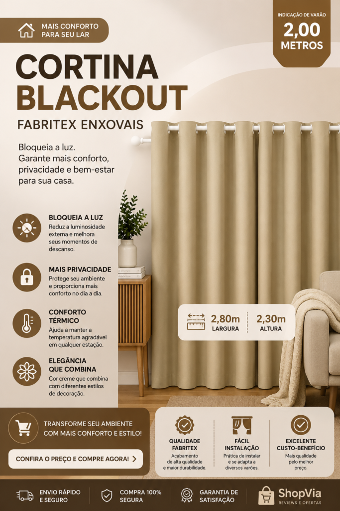 Imagem promocional de uma cortina blackout Fabritex Enxovais na cor creme instalada em um ambiente aconchegante, destacando sua capacidade de reduzir a entrada de luz, proporcionar mais privacidade e complementar a decoração de salas e quartos.