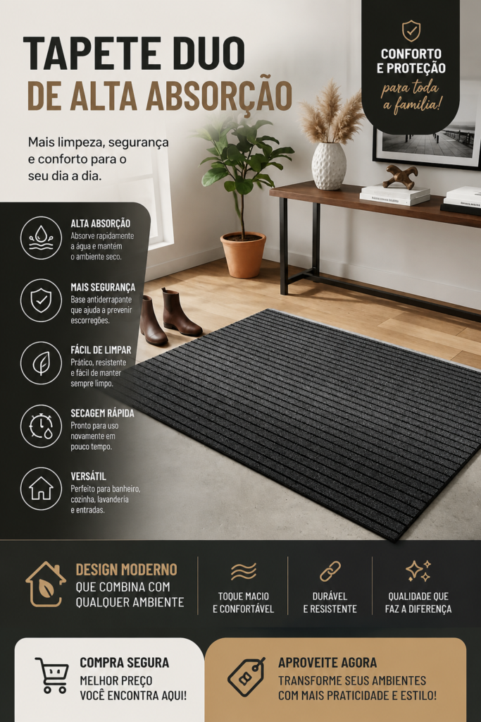 Tapete Duo de Alta Absorção cinza posicionado na entrada de uma residência moderna, destacando sua superfície texturizada, design elegante e proposta de manter o ambiente mais limpo, seco e seguro no dia a dia.