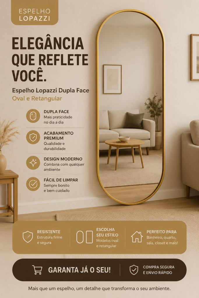 Espelho Lopazzi Dupla Face com moldura dourada em formato oval, instalado em um ambiente moderno e sofisticado, destacando seu design elegante, acabamento premium e funcionalidade para decoração e cuidados pessoais.