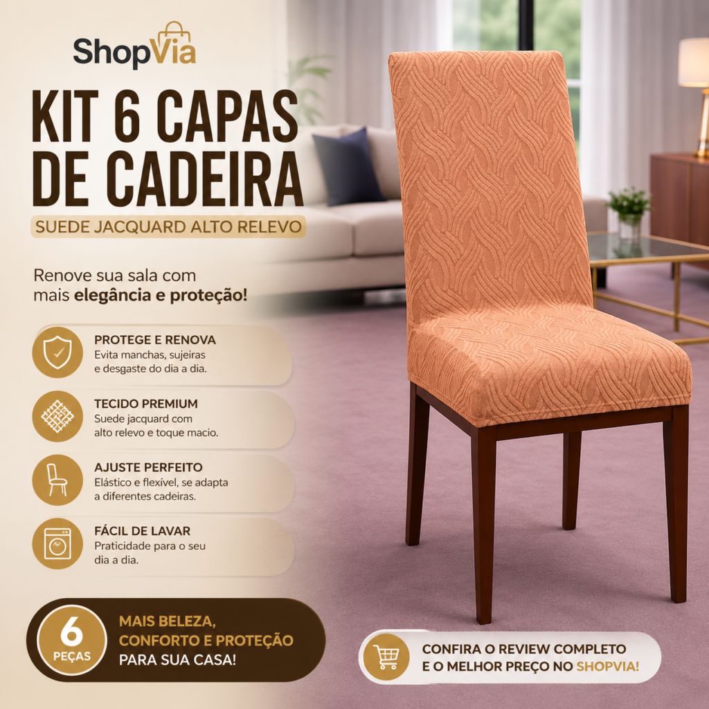 Kit com 6 capas de cadeira em suede jacquard alto relevo na cor bege, revestindo uma cadeira de madeira em uma sala de jantar moderna, destacando o acabamento elegante, o tecido texturizado e a proteção para os assentos.