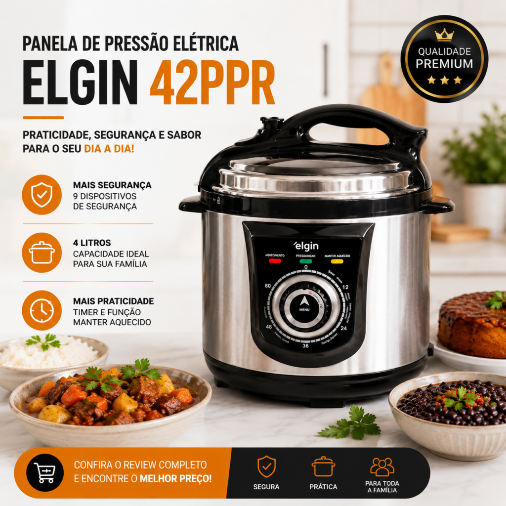 Banner promocional da Panela de Pressão Elétrica Elgin 42PPR destacando capacidade de 4 litros, 9 dispositivos de segurança, função manter aquecido e review completo sobre se vale a pena comprar.