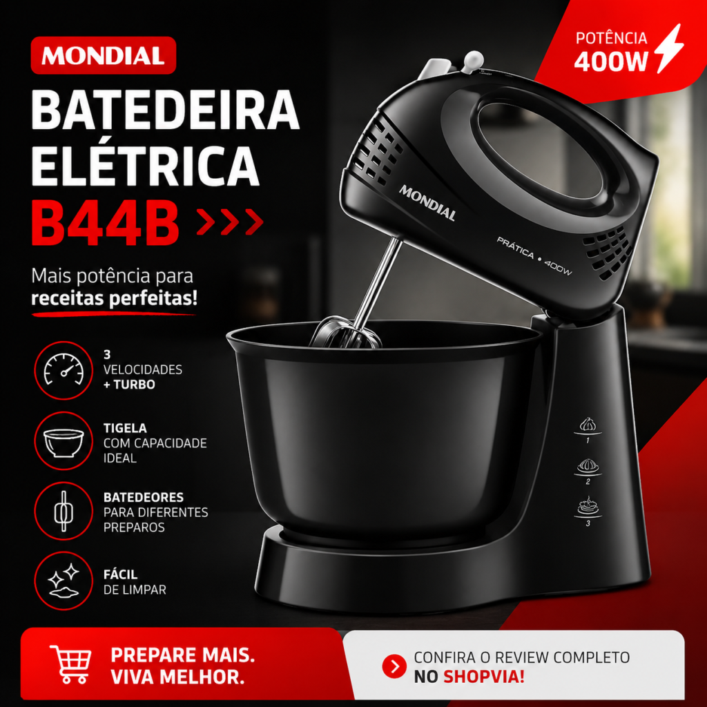 Anúncio da Batedeira Elétrica Mondial B44B apresentando seus principais recursos, como motor de 400W, função Turbo, tigela de boa capacidade e desempenho ideal para o preparo de receitas do dia a dia.