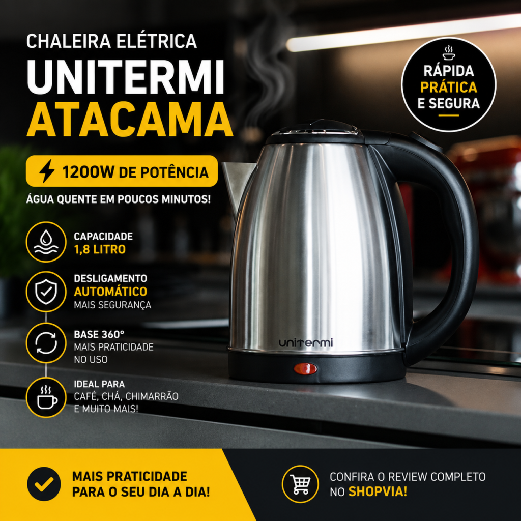 Banner promocional da Chaleira Elétrica Unitermi Atacama 1,8L 1200W em acabamento inox, destacando seu design moderno, aquecimento rápido e praticidade para preparar café, chá e outras bebidas quentes no dia a dia.