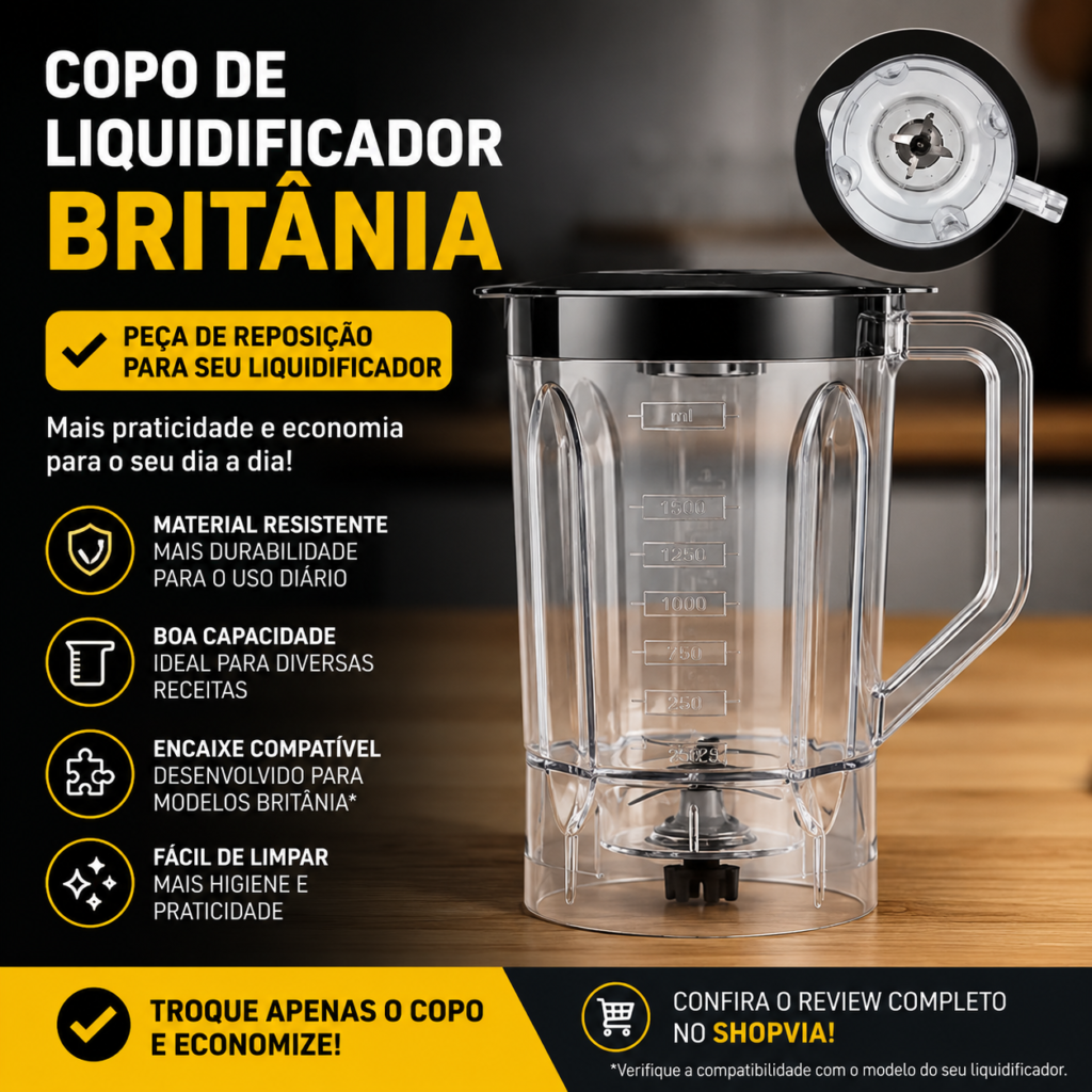 Peça de reposição para liquidificador Britânia composta por copo transparente com tampa e conjunto de lâminas, desenvolvida para restaurar o desempenho do aparelho com praticidade, resistência e excelente custo-benefício.